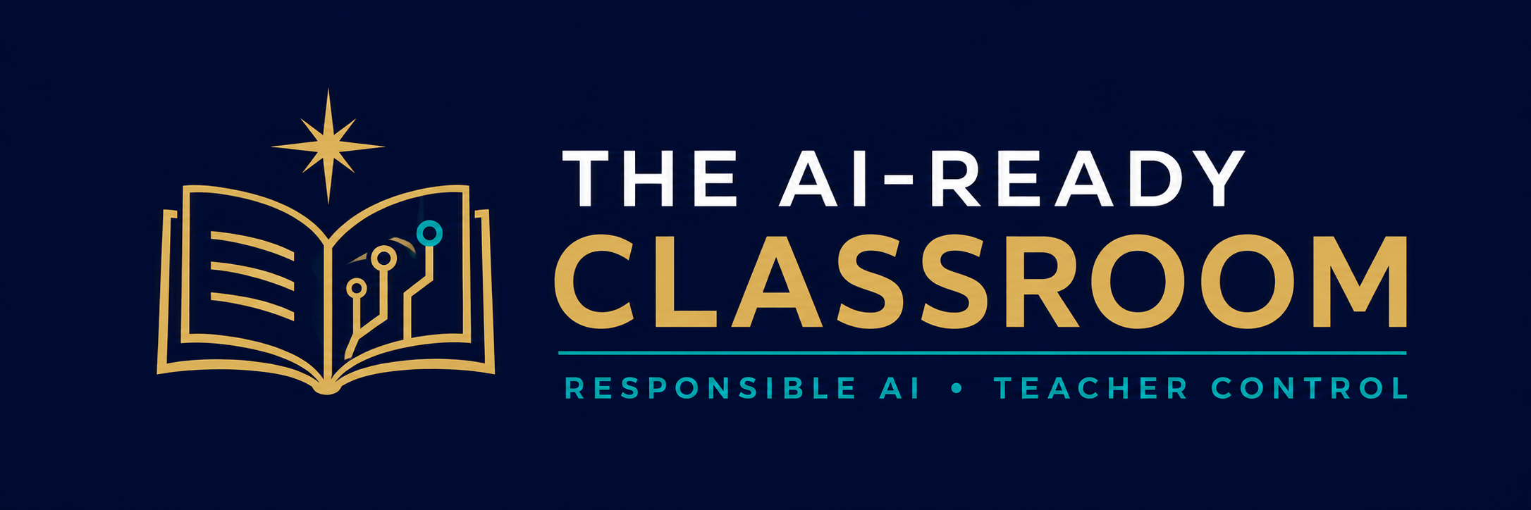 The AI-Ready Classroom logo featuring an open book with circuit lines, representing responsible AI and teacher control.